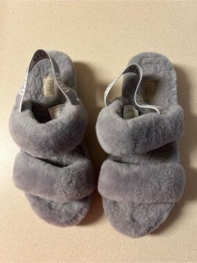 UGG Grey Plush Double-Band Slide Sandals with Branded Heel Strap